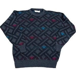 Vintage Grandpa Sweater Men Medium Gray Geometric Acrylic Knit Cosby Y2K USA 90s